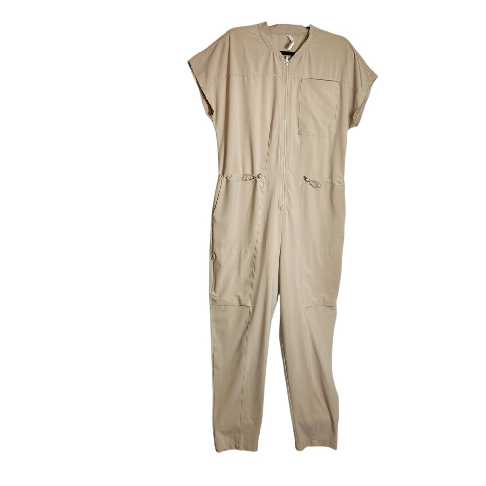Zella Womens Tan Khaki Short Sleeve Zip Up Drawstring Utility Jumpsuit Size M